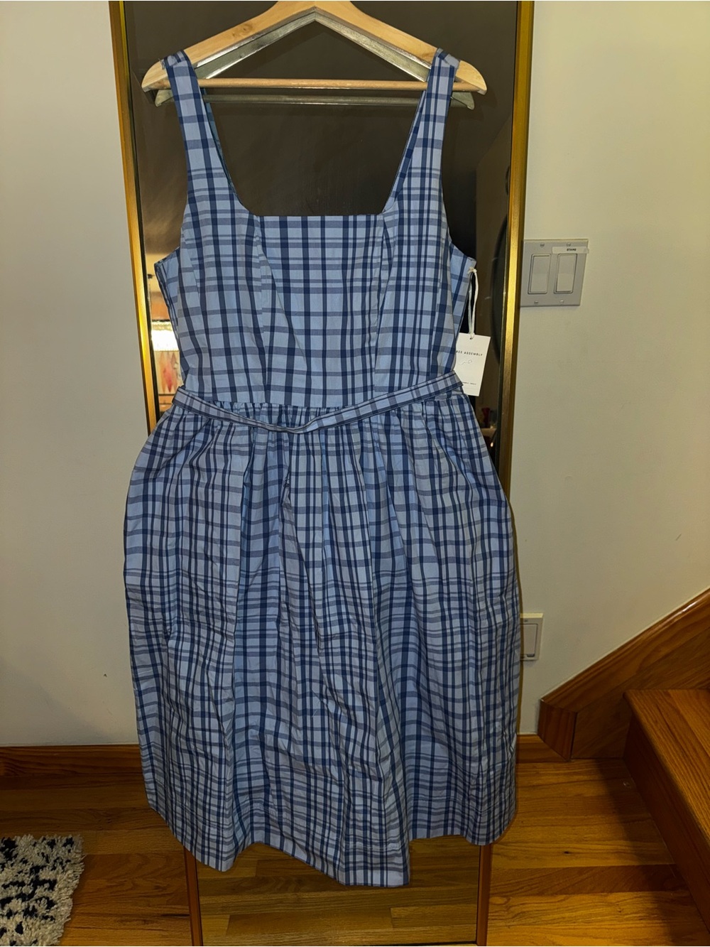 Free Assembly Sleeveless Blue Plaid Midi Dress with Waist Tie NWT sold our - Picture 5 of 15